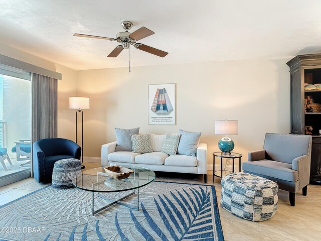3333 S Atlantic Ave Unit 505, Daytona Beach, FL 32118 - living area featuring ceiling fan, light tile patterned floors, and baseboards