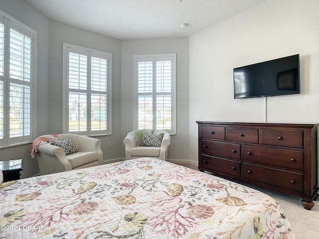 bedroom featuring light colored carpet