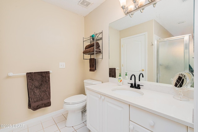 bathroom featuring tile patterned floors, toilet, visible vents, a shower stall, and vanity