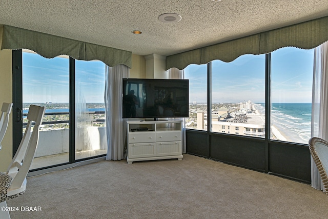 unfurnished living room with a textured ceiling and light colored carpet