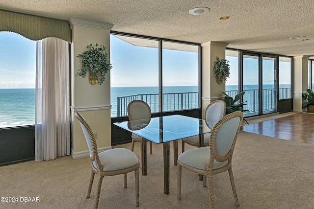 dining room with a wealth of natural light, a water view, a textured ceiling, and light carpet