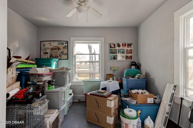 storage room featuring ceiling fan