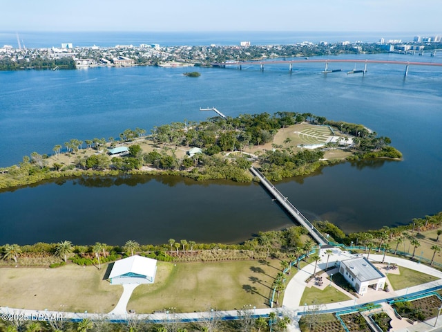 birds eye view of property featuring a water view