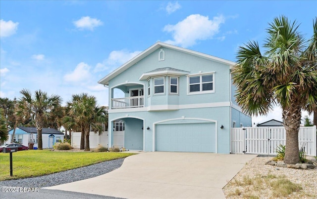 coastal home featuring fence, driveway, a gate, stucco siding, and a front lawn