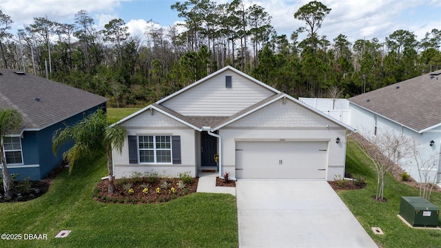 ranch-style house featuring an attached garage, concrete driveway, a front yard, and stucco siding