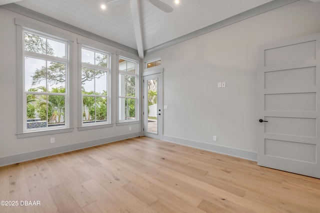 empty room featuring vaulted ceiling, wooden ceiling, a ceiling fan, light wood-style flooring, and baseboards