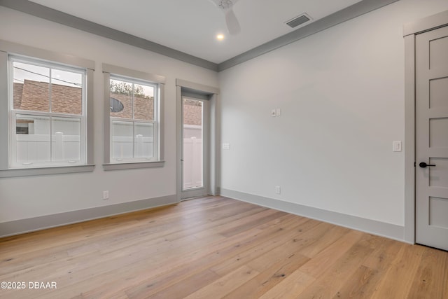 unfurnished room featuring visible vents, baseboards, recessed lighting, a ceiling fan, and light wood-type flooring