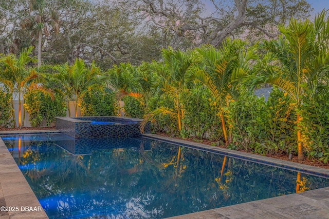 outdoor pool featuring fence private yard and an in ground hot tub