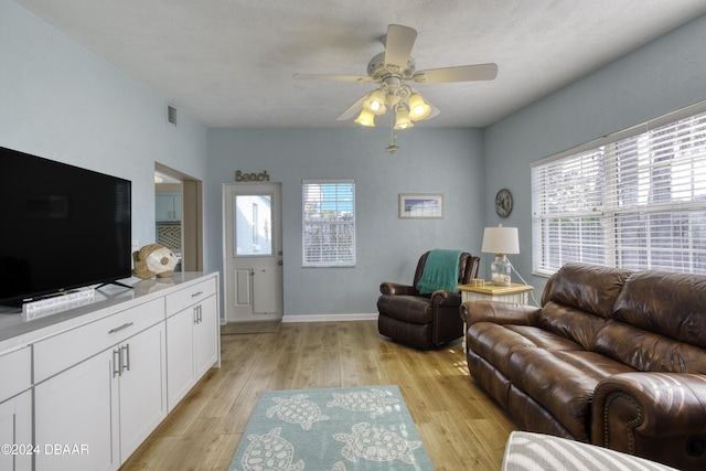 living room with ceiling fan and light hardwood / wood-style flooring