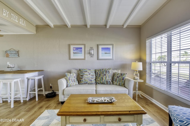 living room featuring light hardwood / wood-style floors and beam ceiling