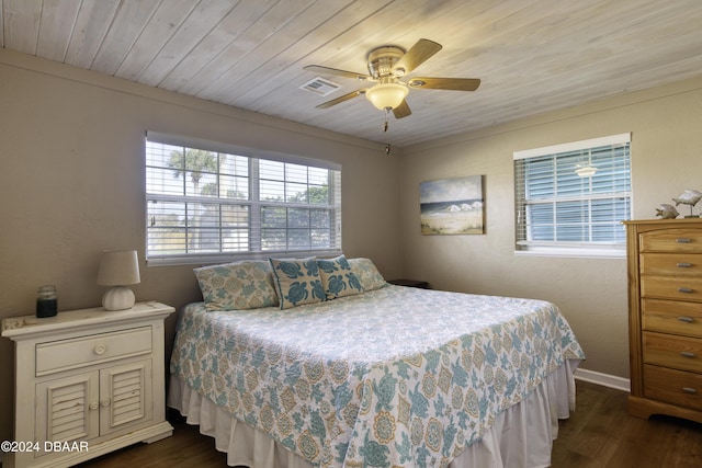 bedroom with ceiling fan, wooden ceiling, and dark hardwood / wood-style flooring