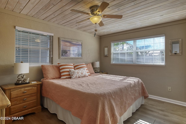 bedroom with ceiling fan, wood-type flooring, and wood ceiling