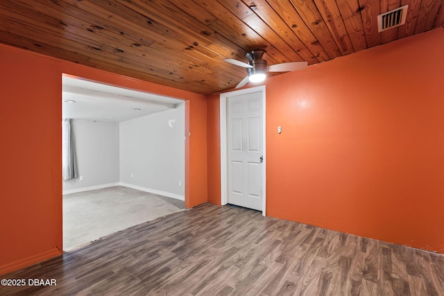 spare room with wood-type flooring, vaulted ceiling, wooden ceiling, and ceiling fan