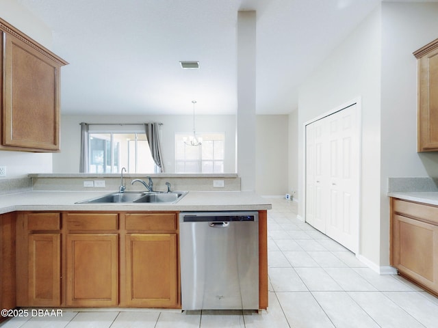 kitchen featuring sink, an inviting chandelier, decorative light fixtures, light tile patterned floors, and dishwasher