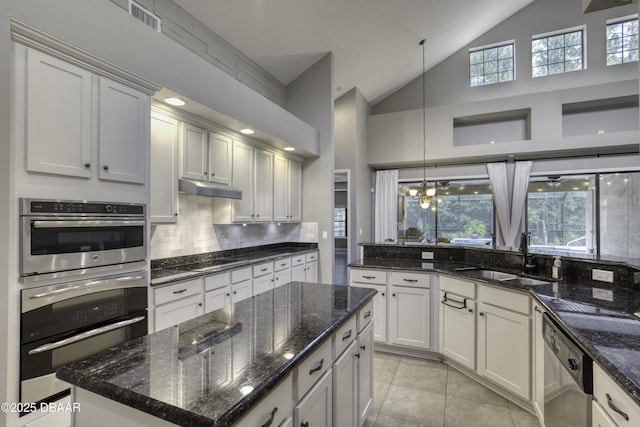 2809 Oakgrove Ave, Saint Augustine, FL 32092 - kitchen with stainless steel appliances, under cabinet range hood, tasteful backsplash, high vaulted ceiling, and dark stone counters