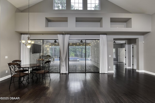 2809 Oakgrove Ave, Saint Augustine, FL 32092 - dining space featuring high vaulted ceiling, ceiling fan, and wood finished floors