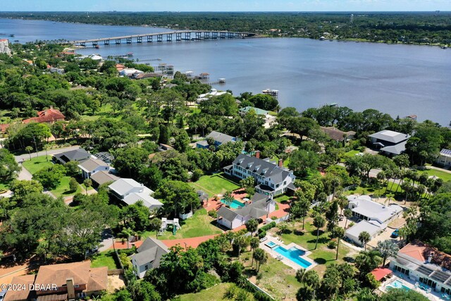 drone / aerial view with a water view