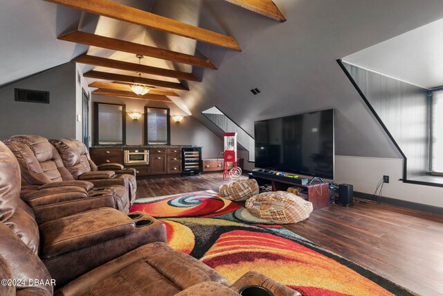 living room featuring wine cooler, beamed ceiling, high vaulted ceiling, and hardwood / wood-style flooring