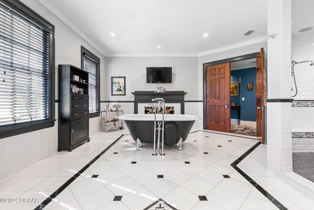 tiled office space featuring tile walls and ornamental molding