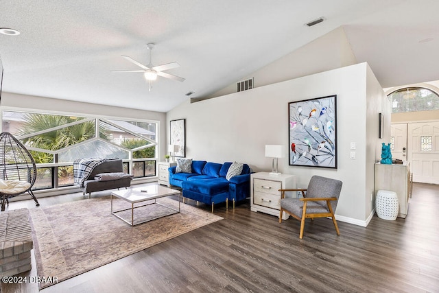 living room featuring ceiling fan, high vaulted ceiling, and dark hardwood / wood-style flooring