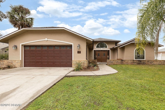 ranch-style house with a garage and a front lawn