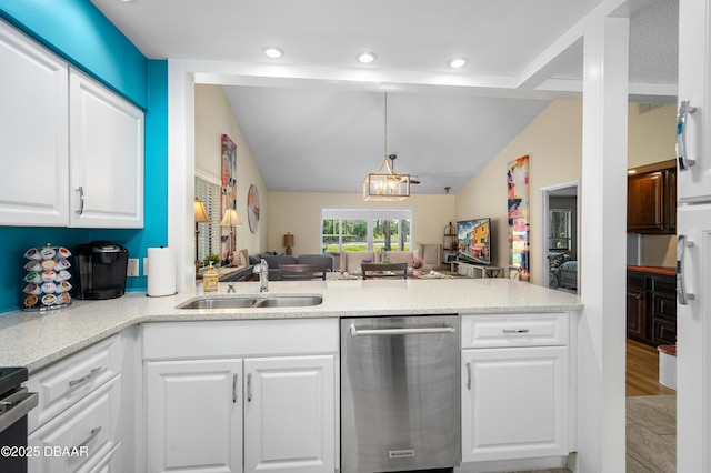kitchen with lofted ceiling, white cabinetry, a sink, and dishwasher