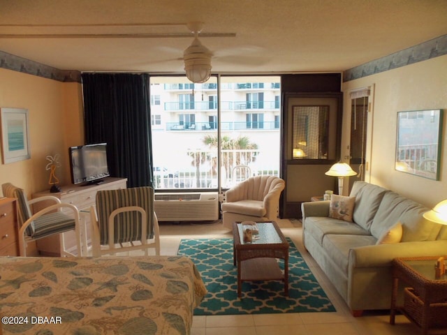 living room featuring light tile patterned flooring