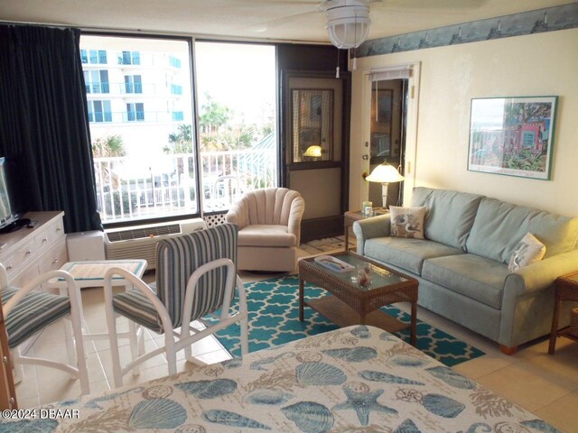 living room with light tile patterned flooring