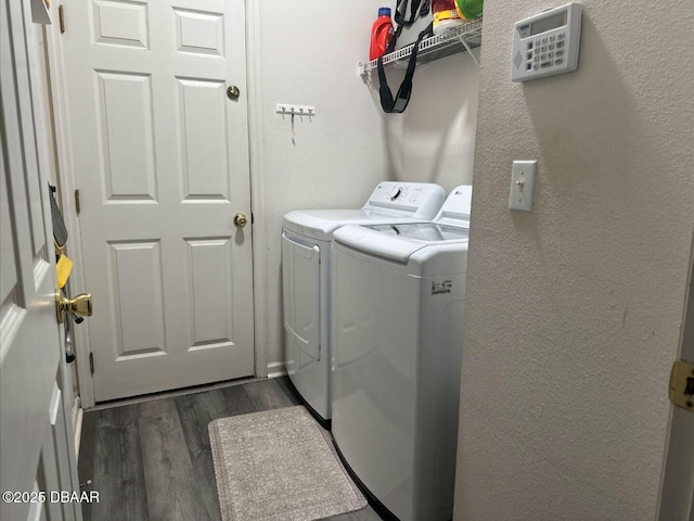 clothes washing area featuring dark hardwood / wood-style flooring and washing machine and clothes dryer