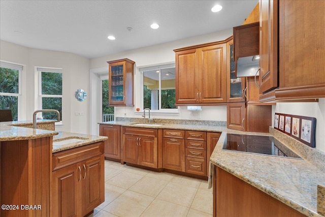 kitchen with black electric cooktop, sink, and light stone counters