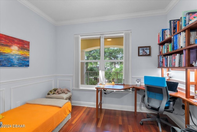 bedroom featuring dark wood-type flooring and crown molding