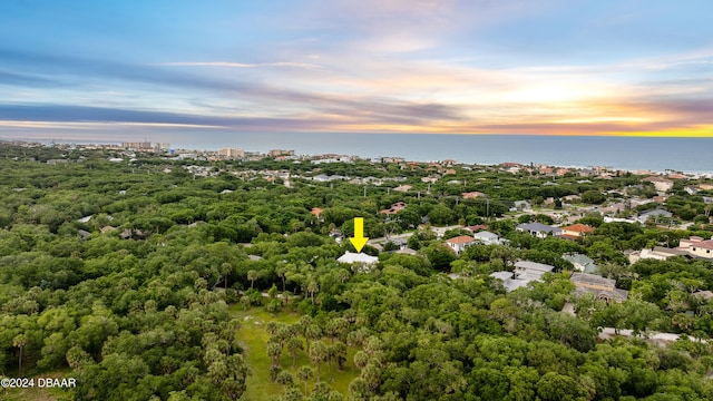 aerial view at dusk featuring a water view