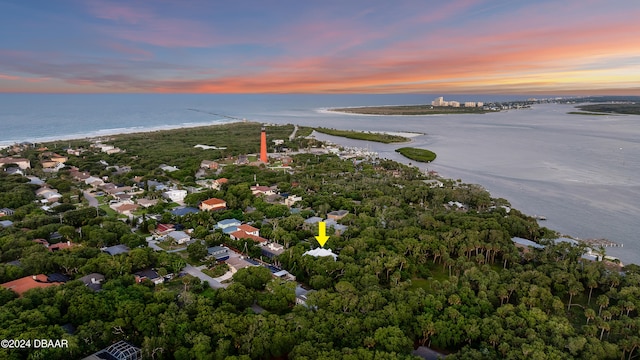 aerial view at dusk with a water view