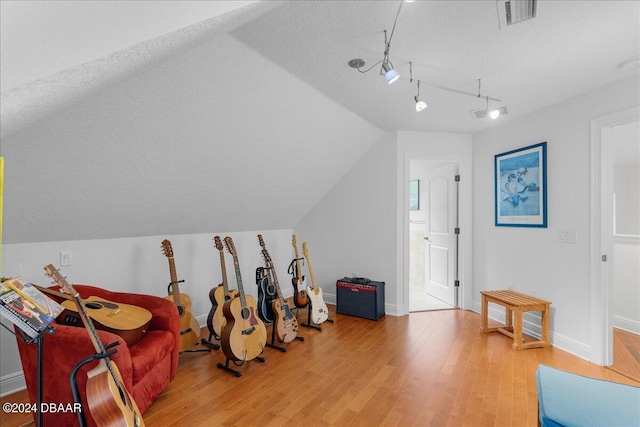 interior space with wood-type flooring, a textured ceiling, and lofted ceiling