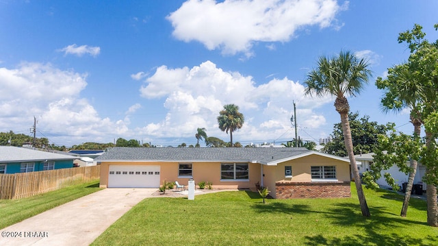 single story home featuring a garage and a front lawn