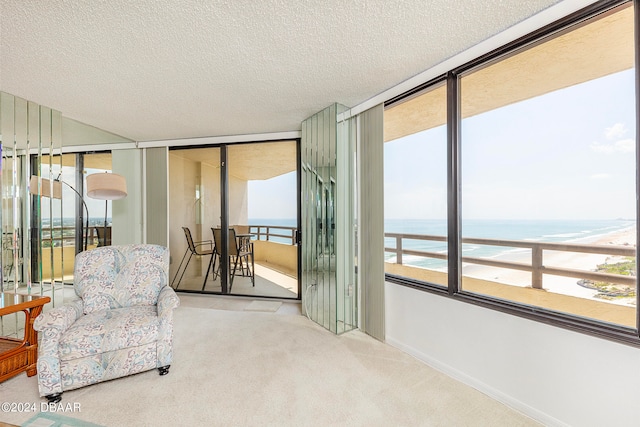 living area with a healthy amount of sunlight, a water view, and carpet