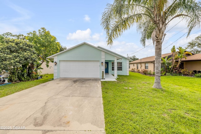 805 Spruce St, New Smyrna Beach, FL 32168 - view of front of house with a front lawn, concrete driveway, an attached garage, and stucco siding