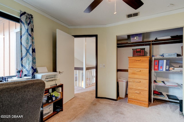 carpeted home office with crown molding, a ceiling fan, visible vents, and baseboards