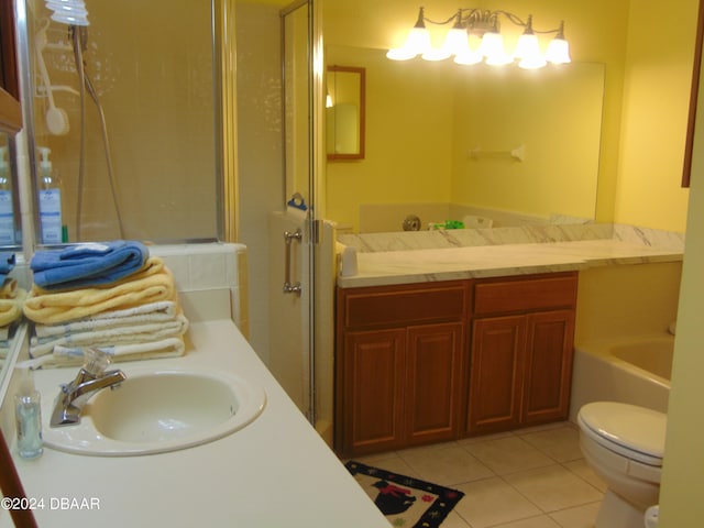 full bathroom with vanity, independent shower and bath, tile patterned flooring, and toilet