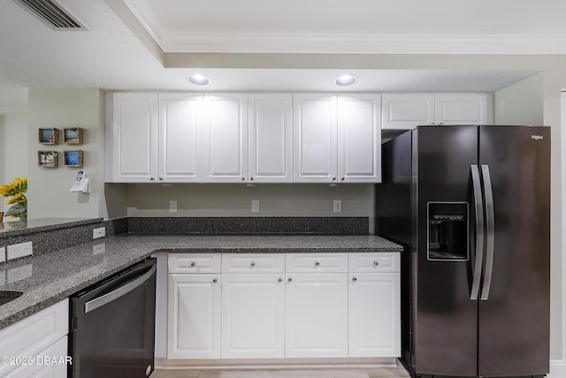4650 Links Village Dr Unit C-505, Ponce Inlet, FL 32127 - kitchen with black refrigerator with ice dispenser, dishwashing machine, crown molding, white cabinetry, and dark stone countertops