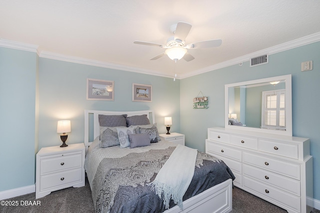 4650 Links Village Dr Unit C-505, Ponce Inlet, FL 32127 - bedroom featuring ornamental molding, dark colored carpet, a ceiling fan, and baseboards