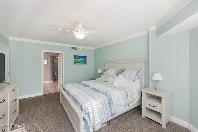4650 Links Village Dr Unit C-505, Ponce Inlet, FL 32127 - carpeted bedroom featuring ornamental molding, baseboards, and ceiling fan
