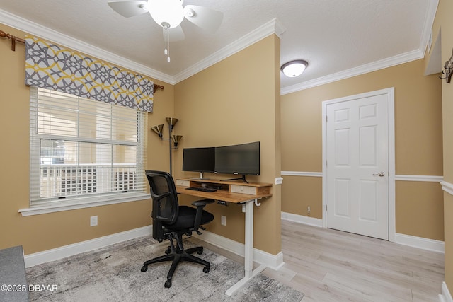 4650 Links Village Dr Unit C-505, Ponce Inlet, FL 32127 - office area featuring wood finished floors, ornamental molding, ceiling fan, and baseboards
