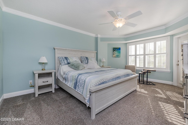 4650 Links Village Dr Unit C-505, Ponce Inlet, FL 32127 - bedroom with crown molding, carpet flooring, baseboards, and ceiling fan