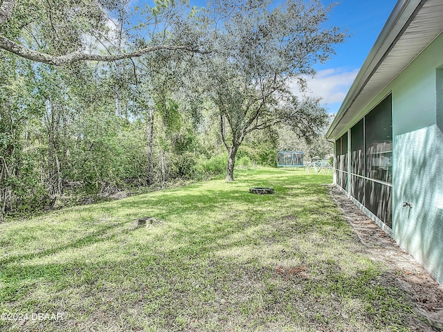 view of yard with a sunroom and a trampoline