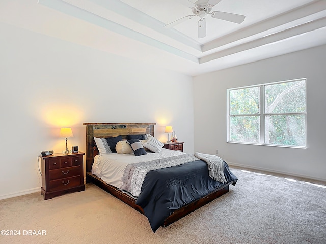 carpeted bedroom featuring a raised ceiling and ceiling fan