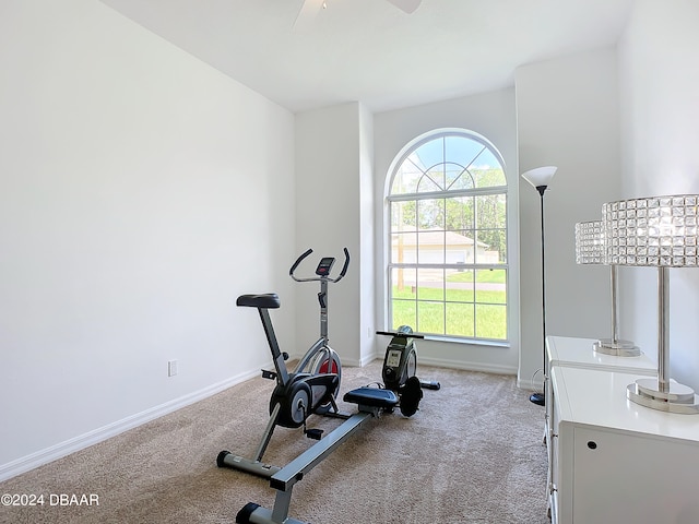 workout area with light carpet and ceiling fan