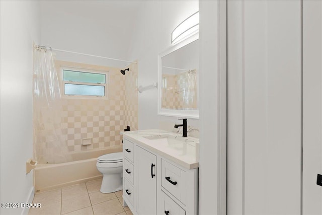 full bathroom with toilet, shower / bath combo with shower curtain, vanity, and tile patterned flooring