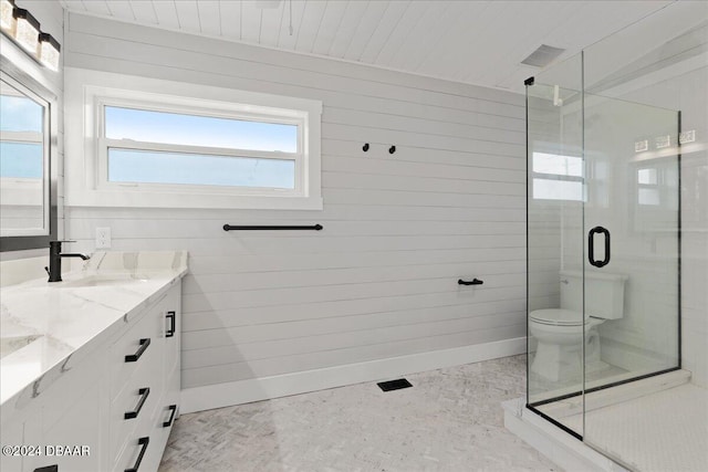 bathroom with vanity, a shower with door, wooden ceiling, toilet, and wood walls