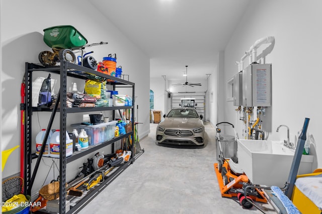 garage with ceiling fan